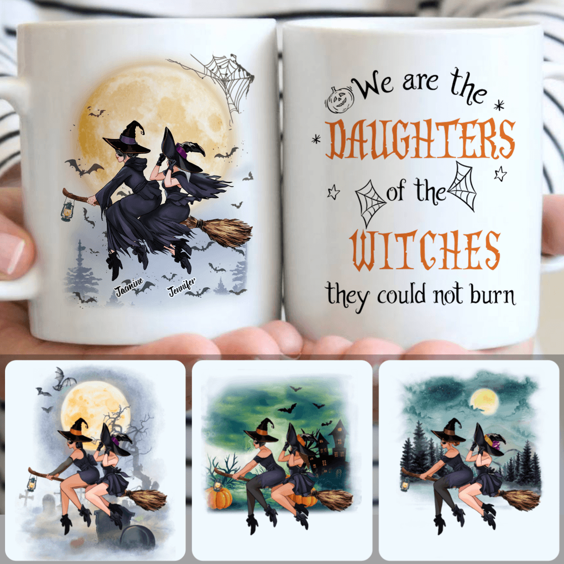 Personalized Mug, Unique Halloween Gifts, 2 Sisters - Witches Flying Customized Coffee Mug With Names