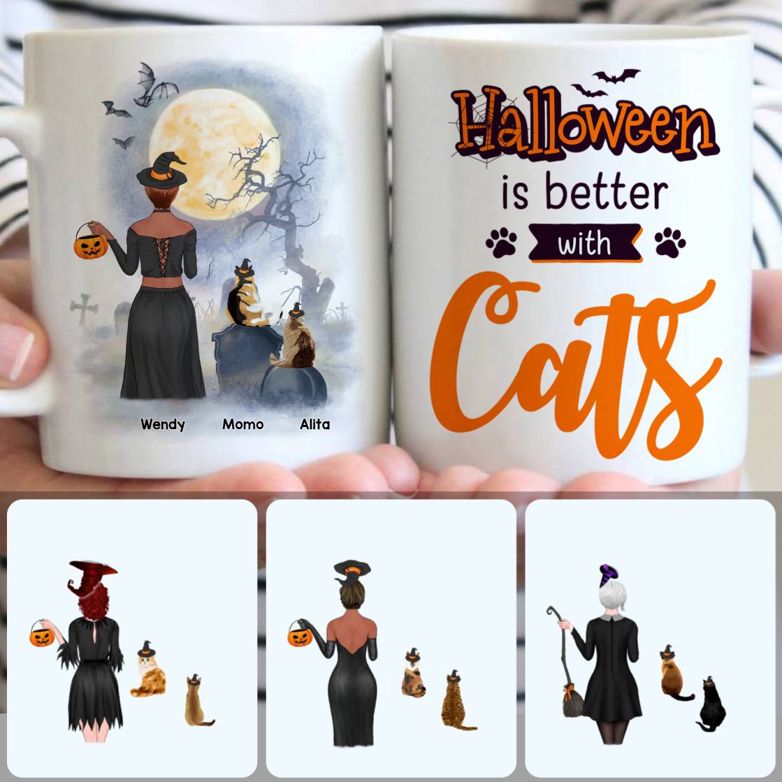 Personalized Mug, Surprise Halloween Gifts, Mom & 2 Cats Customized Coffee Mug With Names