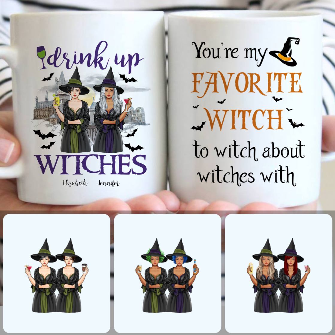 Personalized Mug, Special Halloween Gifts, 2 Sisters - Drink Up Witches Customized Coffee Mug With Names