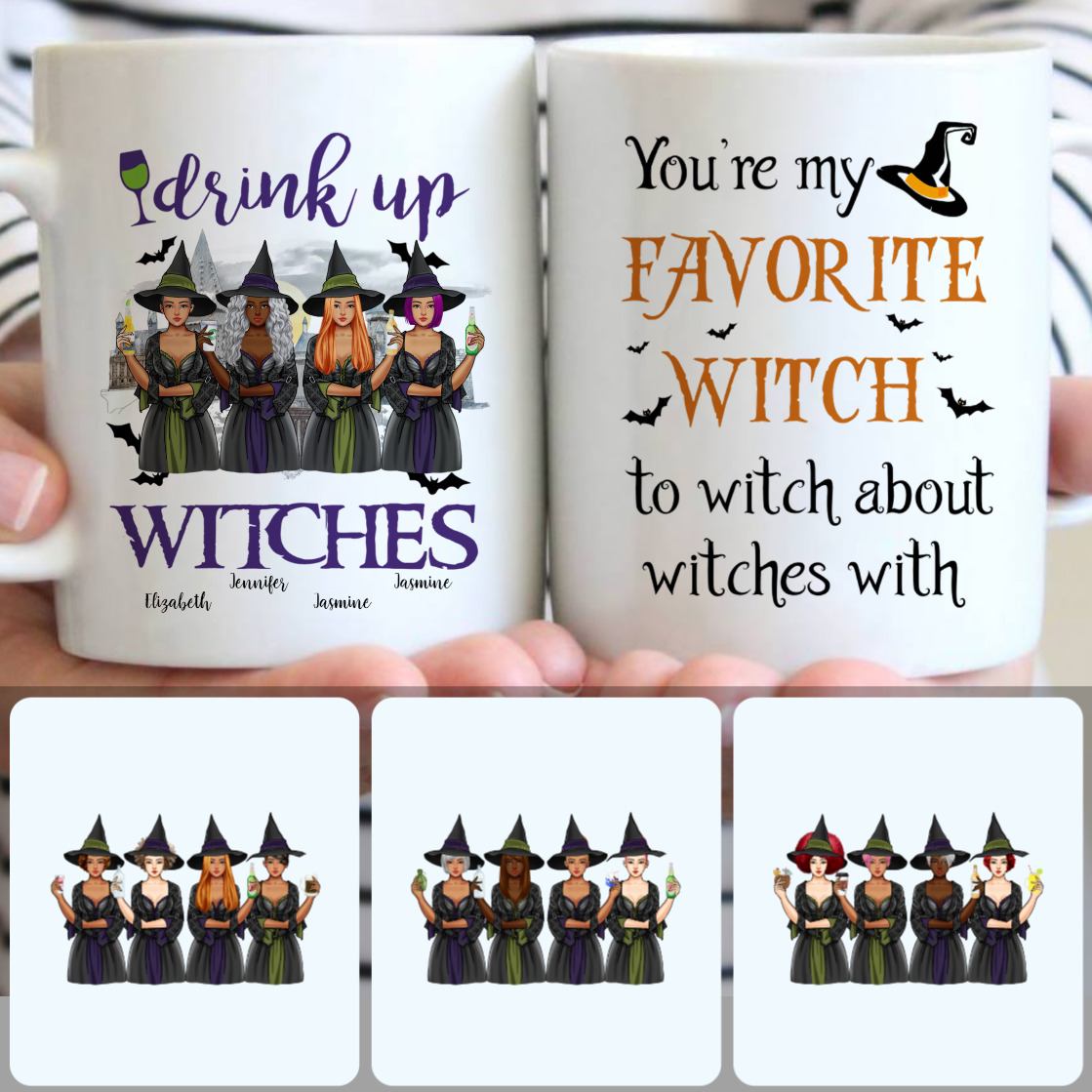Personalized Mug, Creative Halloween Gifts, 4 Sisters - Drink Up Witches Customized Coffee Mug With Names