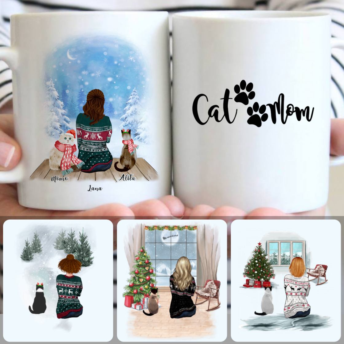 Personalized Mug, Best Christmas Gifts For Cat Lovers, Mom & 2 Cats Customized Coffee Mug With Names