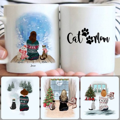 Mom & 2 Cats Customized Coffee Mug With Names, Personalized Mug, Best Christmas Gifts For Cat Lovers