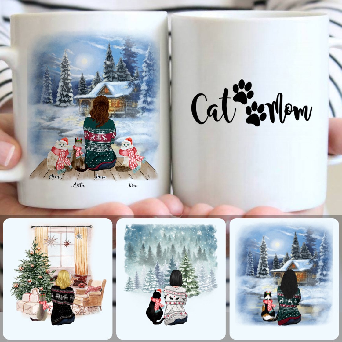 Personalized Mug, Special Christmas Gifts For Cat Lovers, Mom & 3 Cats Customized Coffee Mug With Names