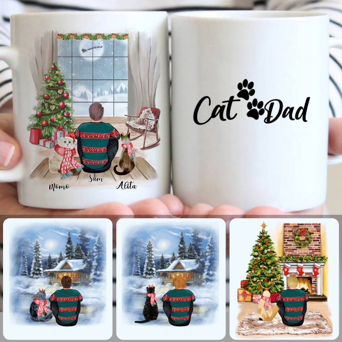 Personalized Mug, Unique Christmas Gifts For Cat Lovers, Dad & 2 Cats Customized Coffee Mug With Names