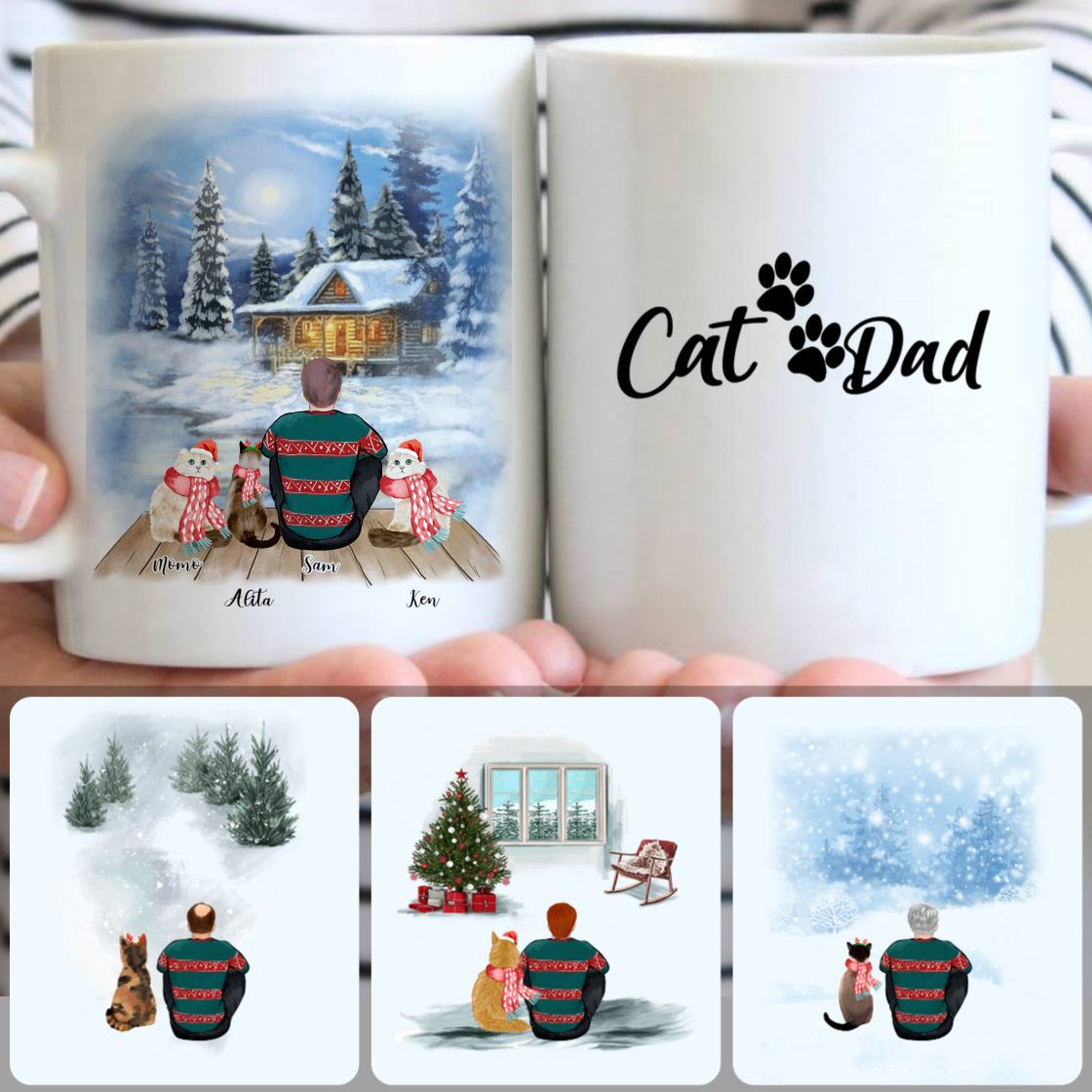 Personalized Mug, Best Christmas Gifts For Cat Lovers, Dad & 3 Cats Customized Coffee Mug With Names