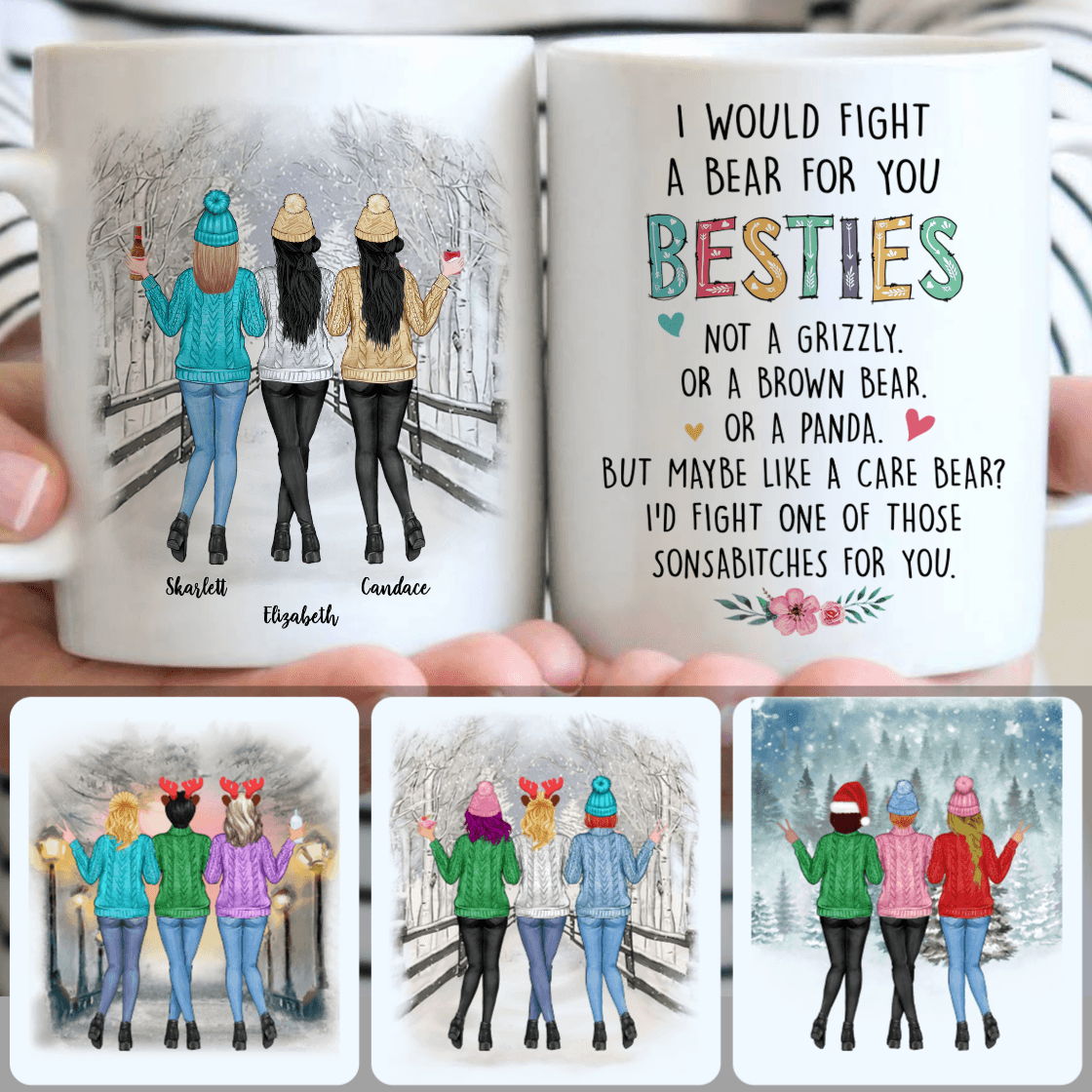 Personalized Mug, Special Christmas Gifts, 3 Best Friends Customized Coffee Mug With Names