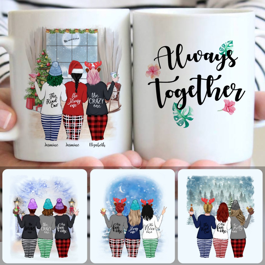 Personalized Mug, Special Christmas Gifts, 3 Best Friends - Always Together Customized Coffee Mug With Names