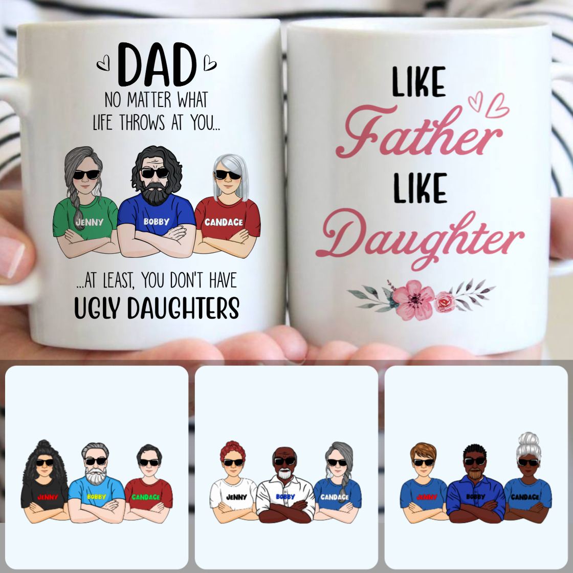 Personalized Mug, Best Birthday Gifts, Dad & 2 Ugly Daughters Customized Coffee Mug With Names