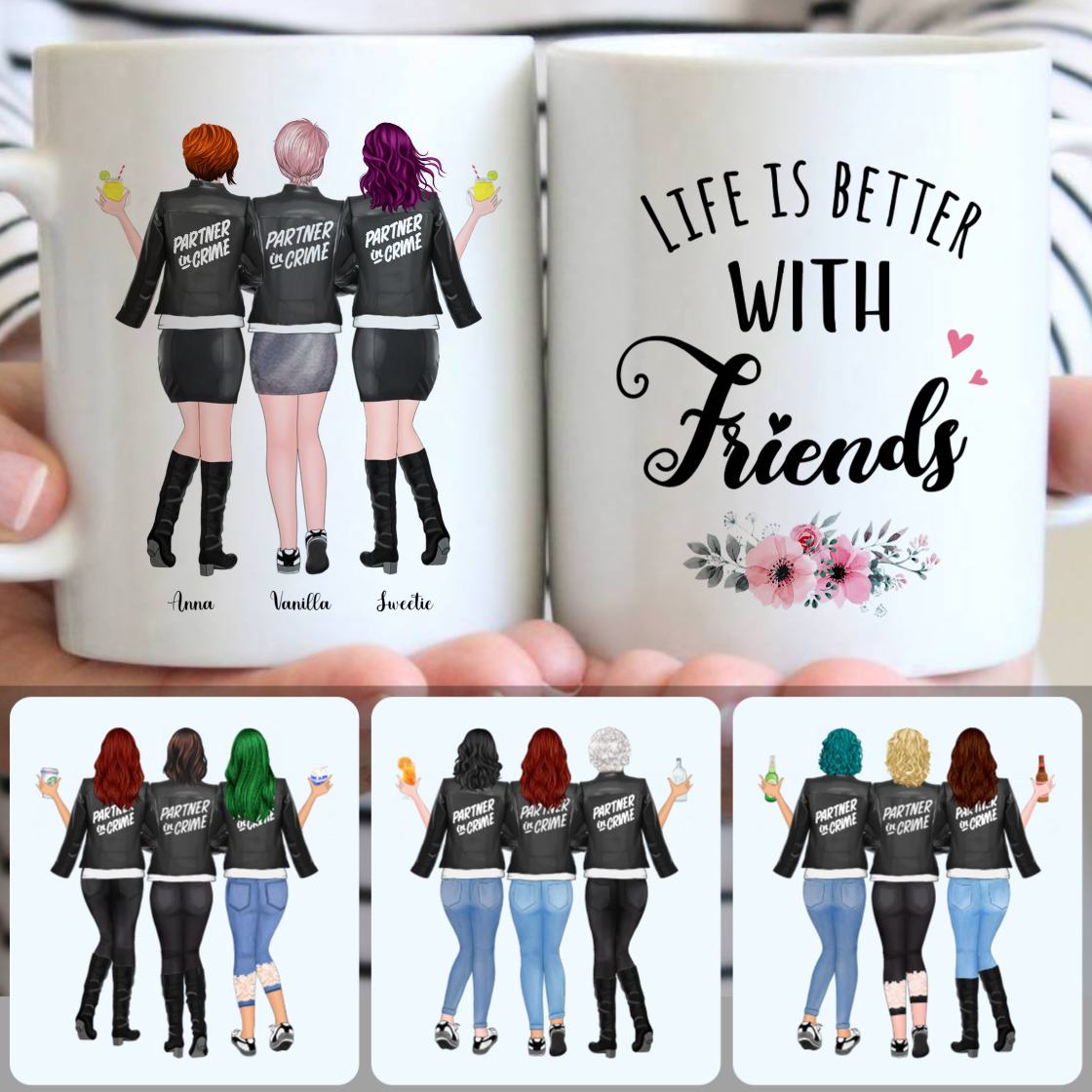 Personalized Mug, Unique Birthday Gifts, 3 Best Friends - Partner In Cream Customized Coffee Mug With Names