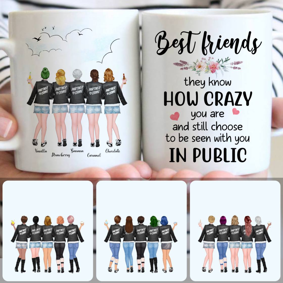 Personalized Mug, Surprise Birthday Gifts, 5 Best Friends - Partner In Cream Customized Coffee Mug With Names