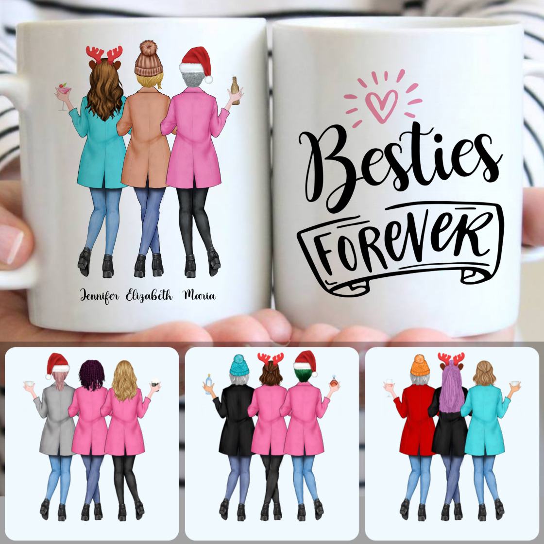 Personalized Mug, Meaningful Christmas Gifts, 3 Besties Forever Customized Coffee Mug With Names