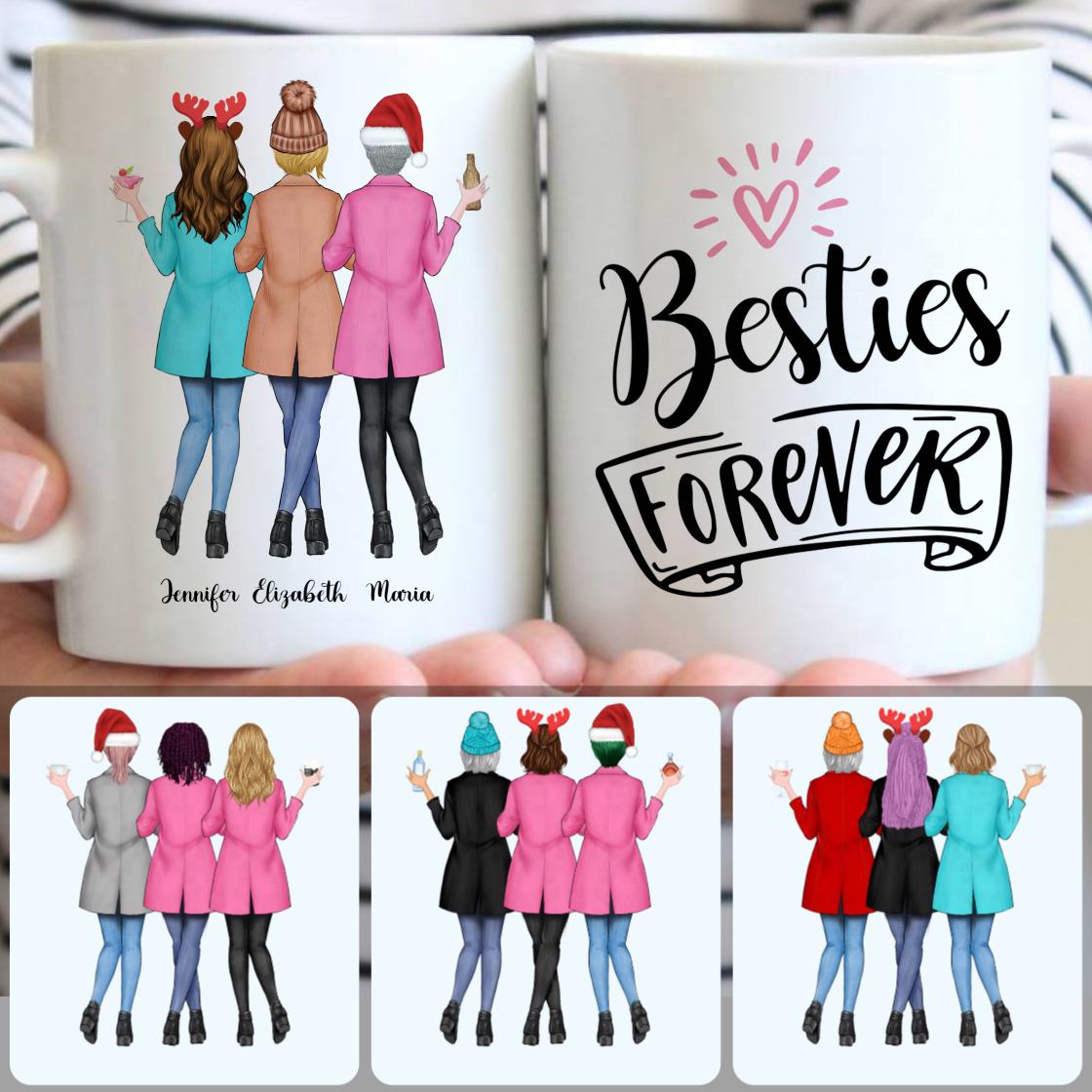 Personalized Mug, Meaningful Christmas Gifts, 3 Besties Forever Customized Coffee Mug With Names Personalized Mug, Meaningful Christmas Gifts, 3 Besties Forever Customized Coffee Mug With Names