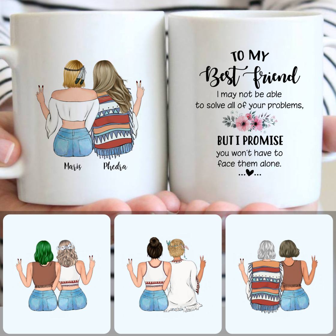 Personalized Mug, Unique Birthday Gifts, 2 Best Friends - Boho Style Customized Coffee Mug With Names