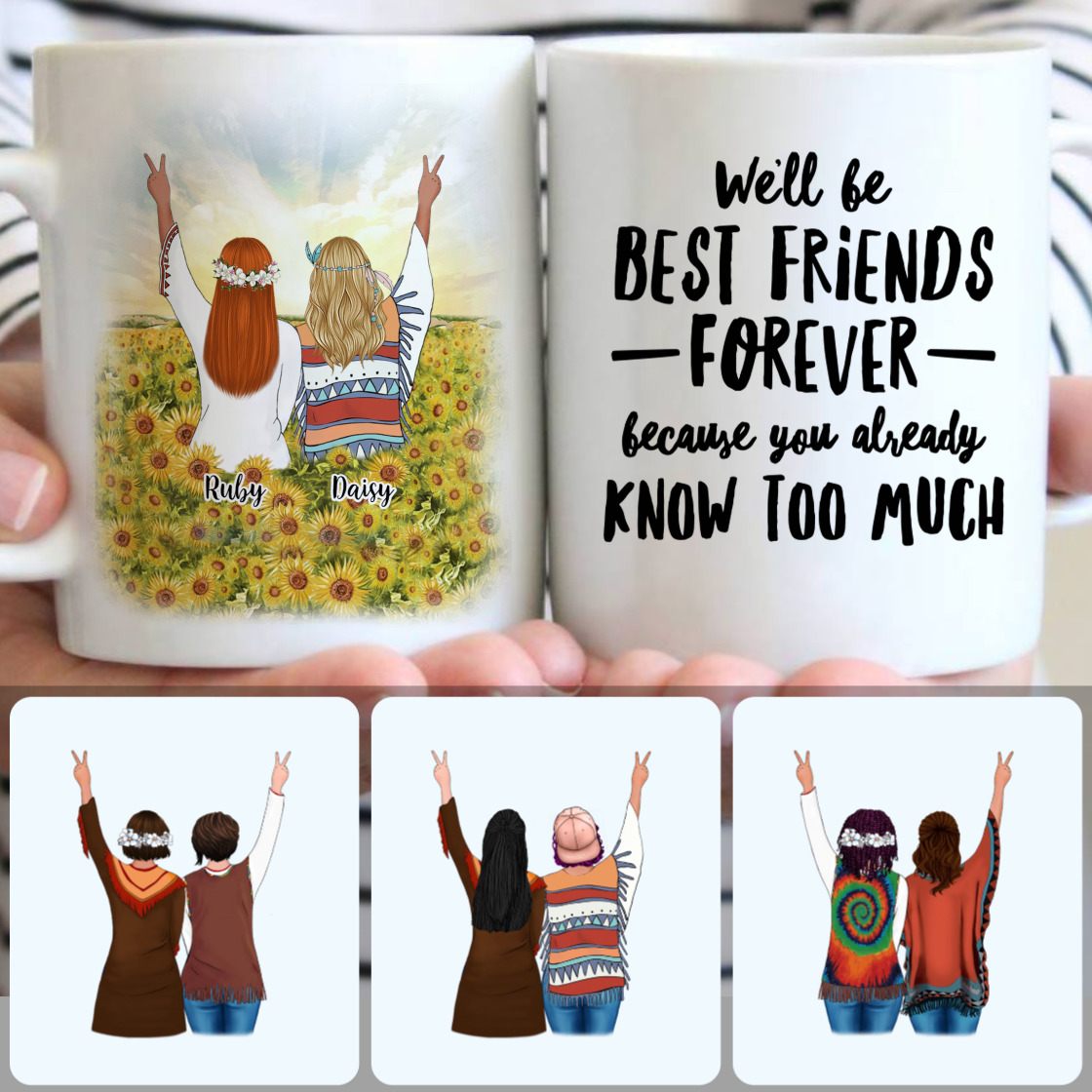 Personalized Mug, Special Birthday Gifts, 2 Best Friends - Boho Style Customized Coffee Mug With Names