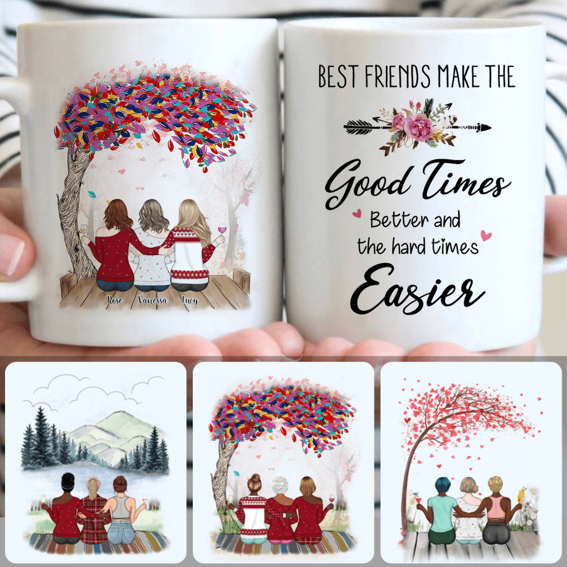 Personalized Mug, Unique Birthday Gifts, 3 Best Friends Sitting On A Bridge Customized Coffee Mug With Names