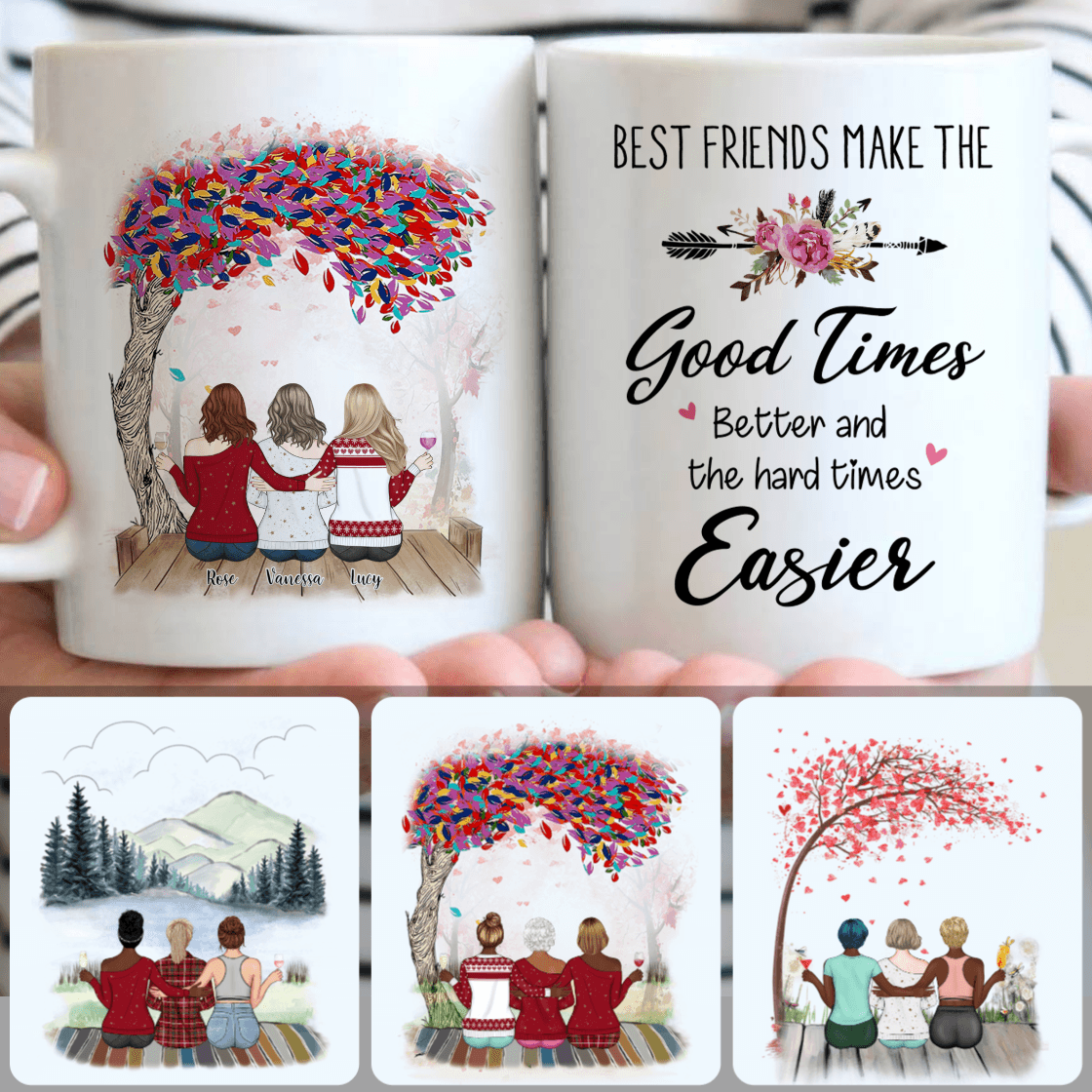 Personalized Mug, Unique Birthday Gifts, 3 Best Friends Sitting On A Bridge Customized Coffee Mug With Names Personalized Mug, Unique Birthday Gifts, 3 Best Friends Sitting On A Bridge Customized Coffee Mug With Names