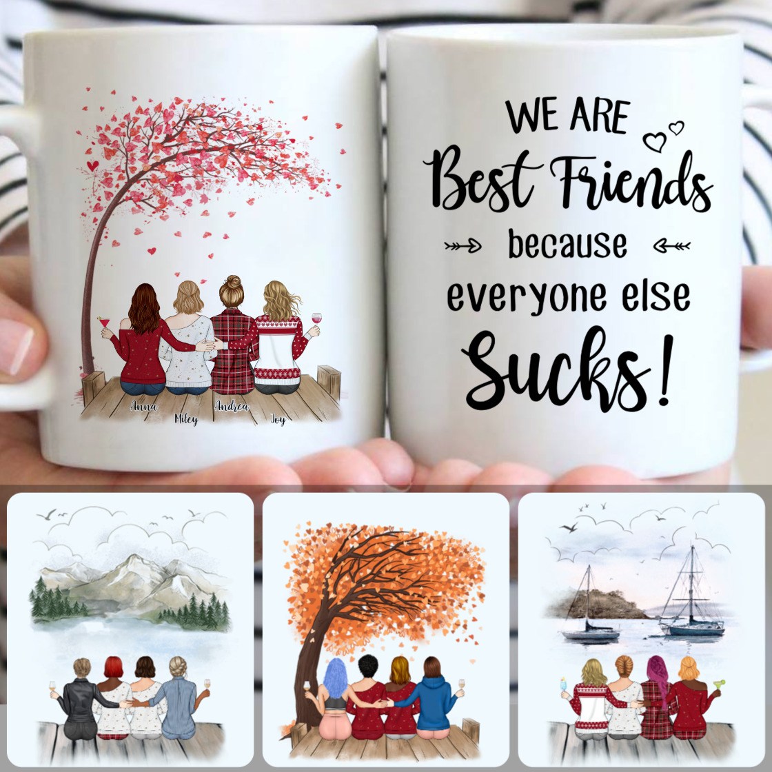 Personalized Mug, Memorial Birthday Gifts, 4 Best Friends Sitting On A Bridge Customized Coffee Mug With Names
