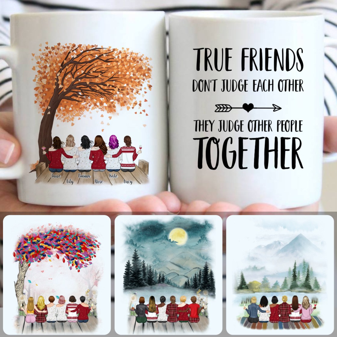 Personalized Mug, Surprise Birthday Gifts, 6 Best Friends Sitting On A Bridge Customized Coffee Mug With Names