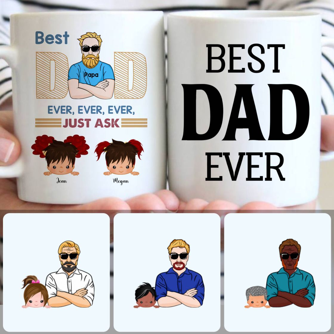 Personalized Mug, Best Father's Day Gifts, Dad & 2 Kids Customized Coffee Mug With Names