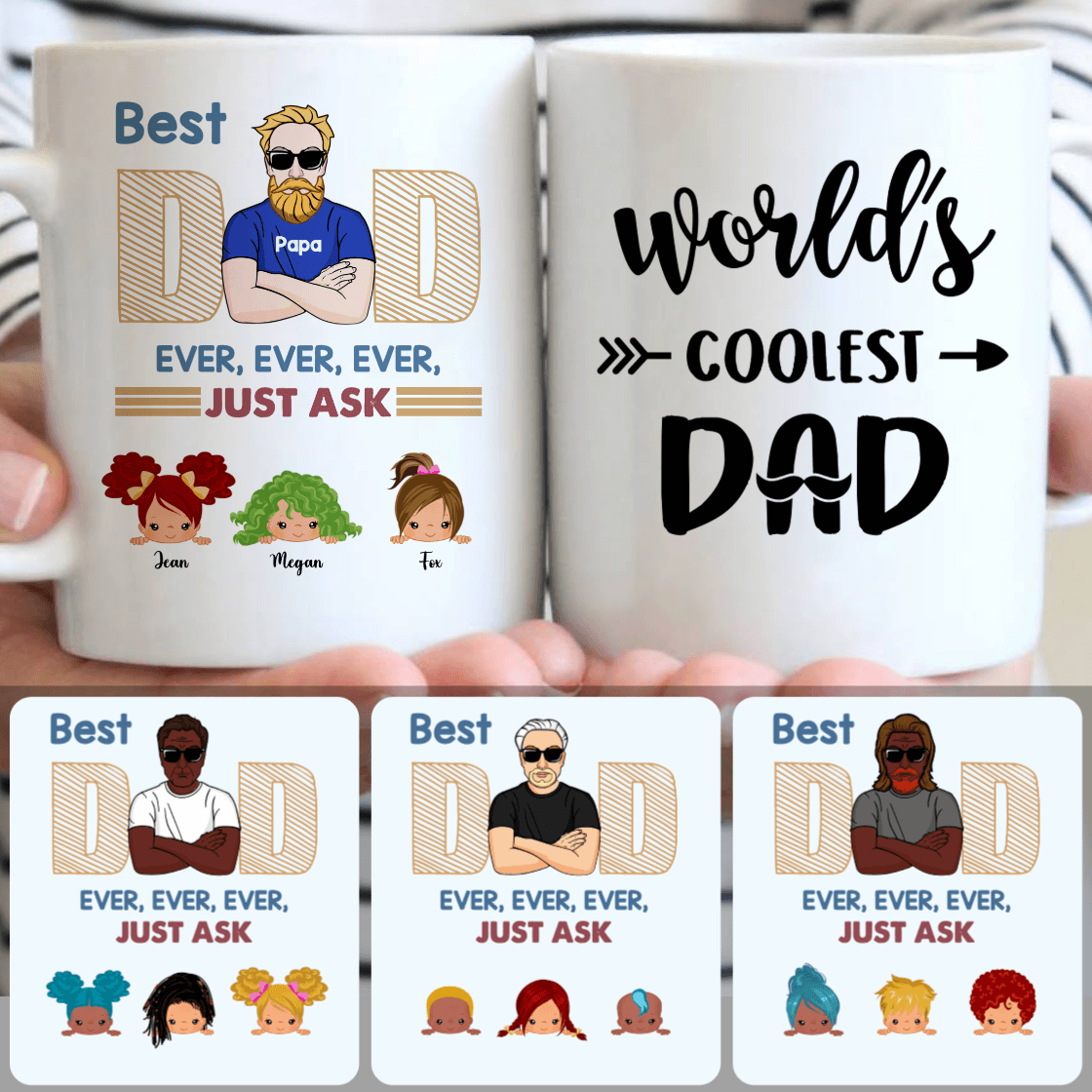 Personalized Mug, Special Father's Day Gifts, Dad & 3 Kids Customized Coffee Mug With Names