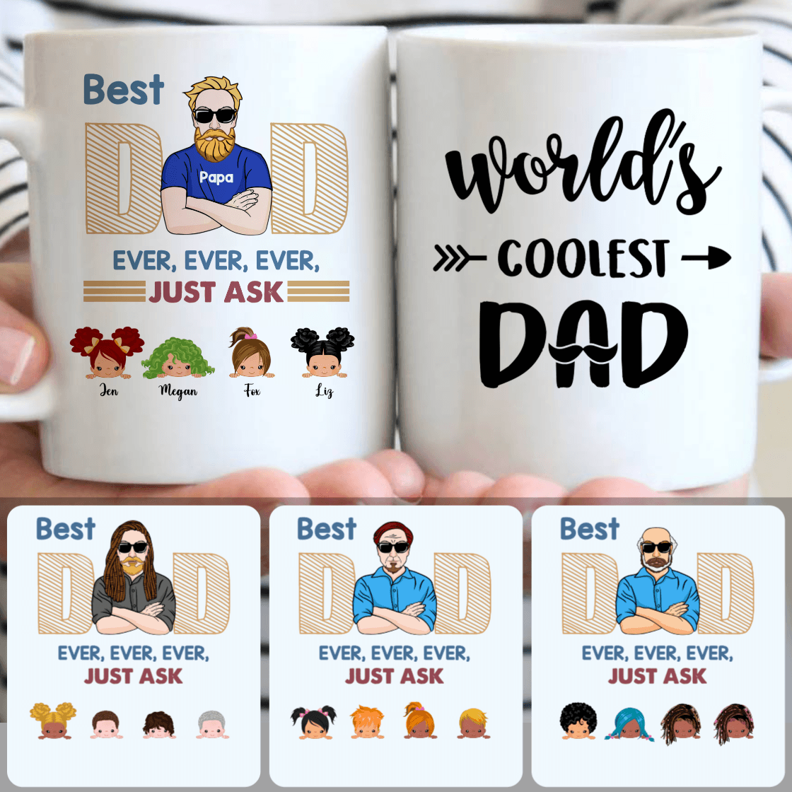 Personalized Mug, Perfect Father's Day Gifts, Dad & 4 Kids Customized Coffee Mug With Names