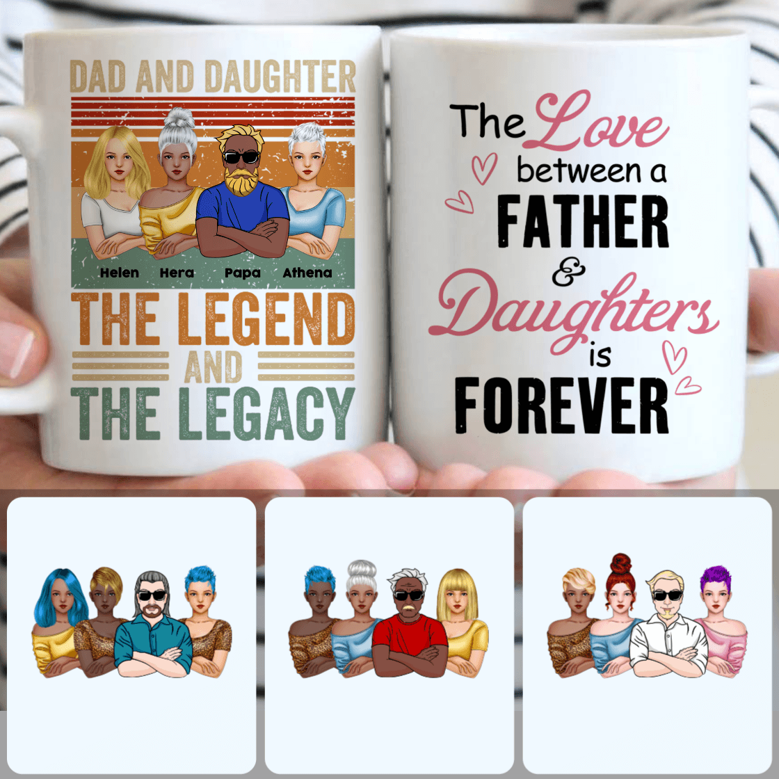 Personalized Mug, Best Father's Day Gifts, Dad & 3 Daughters Customized Coffee Mug With Names