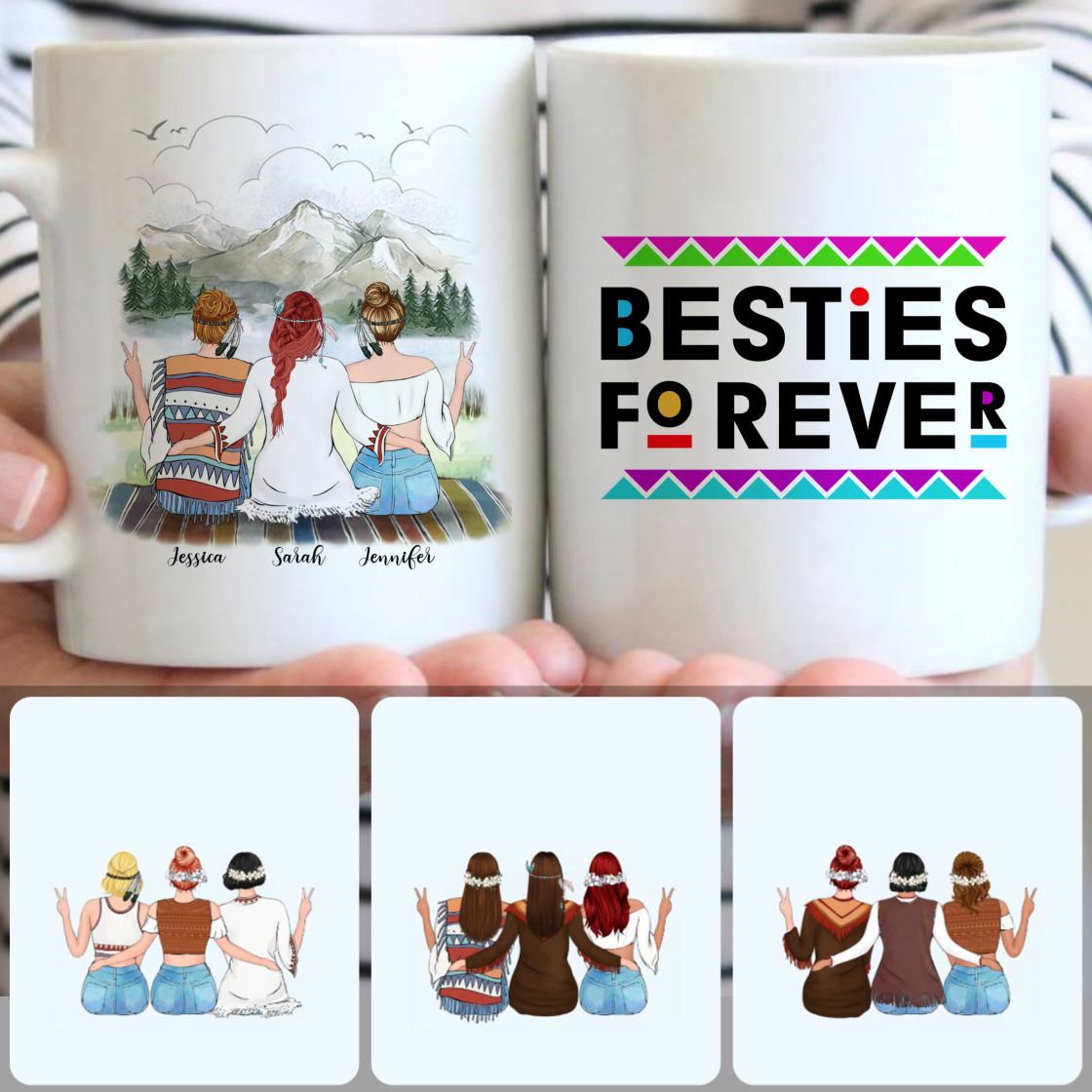 Personalized Mug, Best Birthday Gifts, 3 Besties - Boho Style Customized Coffee Mug With Names