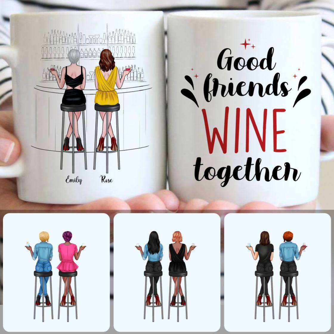 Personalized Mug, Unique Birthday Gifts, 2 Good Friends Wine Together Customized Coffee Mug With Names