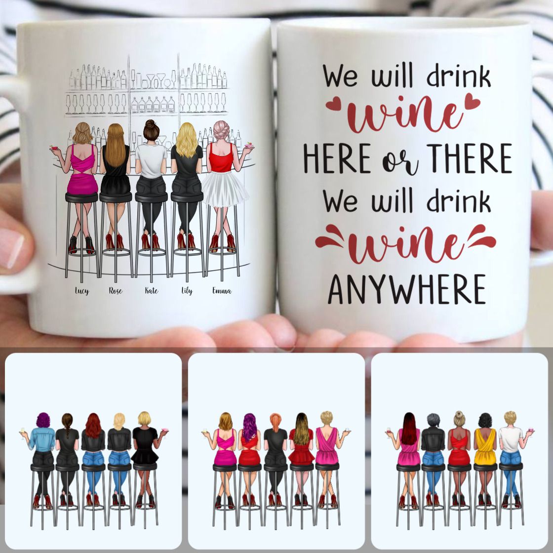 Personalized Mug, Surprise Birthday Gifts, 5 Good Friends Wine Together Customized Coffee Mug With Names