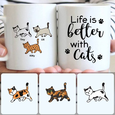 3 Cats Customized Coffee Mug With Names, Personalized Mug, Perfect Birthday Gifts
