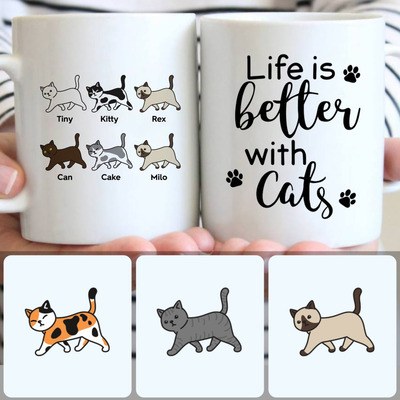 6 Cats Customized Coffee Mug With Names, Personalized Mug, Funny Birthday Gifts