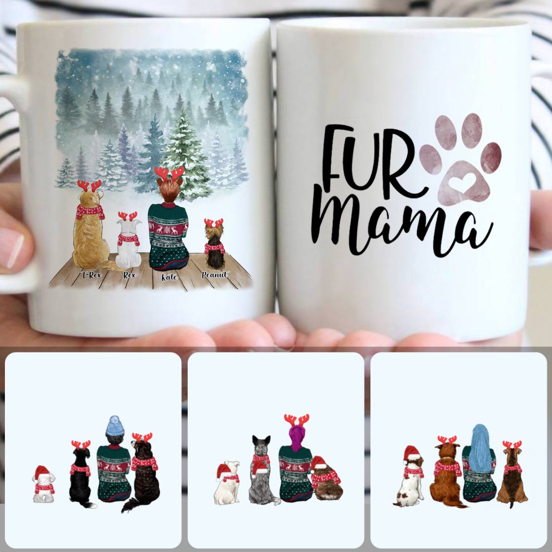 Personalized Mug, Special Christmas Gifts, Mama & 3 Dogs Customized Coffee Mug With Names