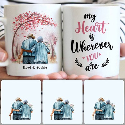 Old Couple Customized Coffee Mug With Names, Personalized Mug, Memorial Aniversary Gifts