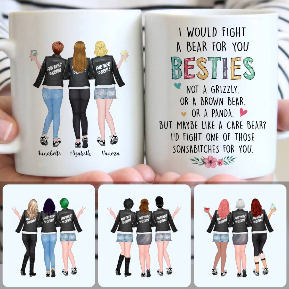 Personalized Mug, Unique Birthday Gifts, 3 Besties - Partner In Crime Customized Coffee Mug With Names
