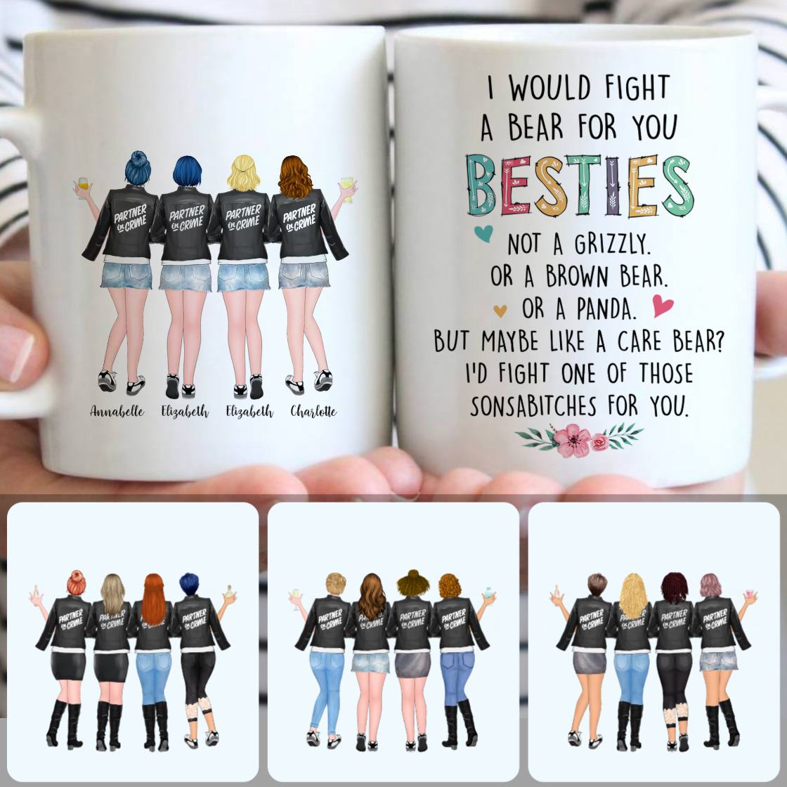 Personalized Mug, Special Birthday Gifts, 4 Besties - Partner In Crime Customized Coffee Mug With Names