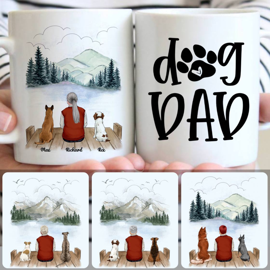 Personalized Mug, Memorial Gifts For Father Dad Papa, Old Man & 2 Dogs Customized Coffee Mug With Names