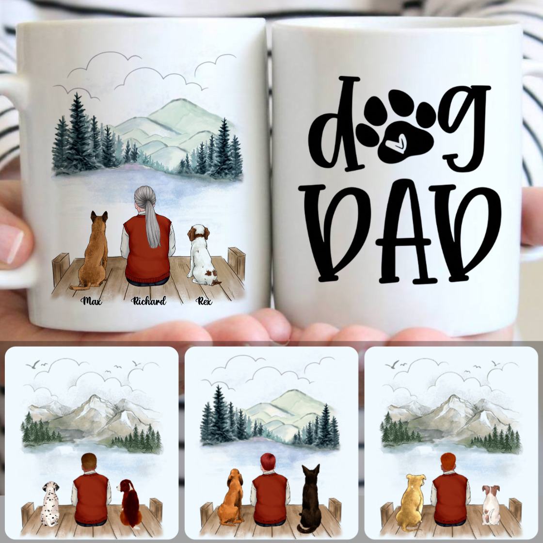 Personalized Mug, Unique Birthday Gifts, Old Man & 2 Dogs Customized Coffee Mug With Names