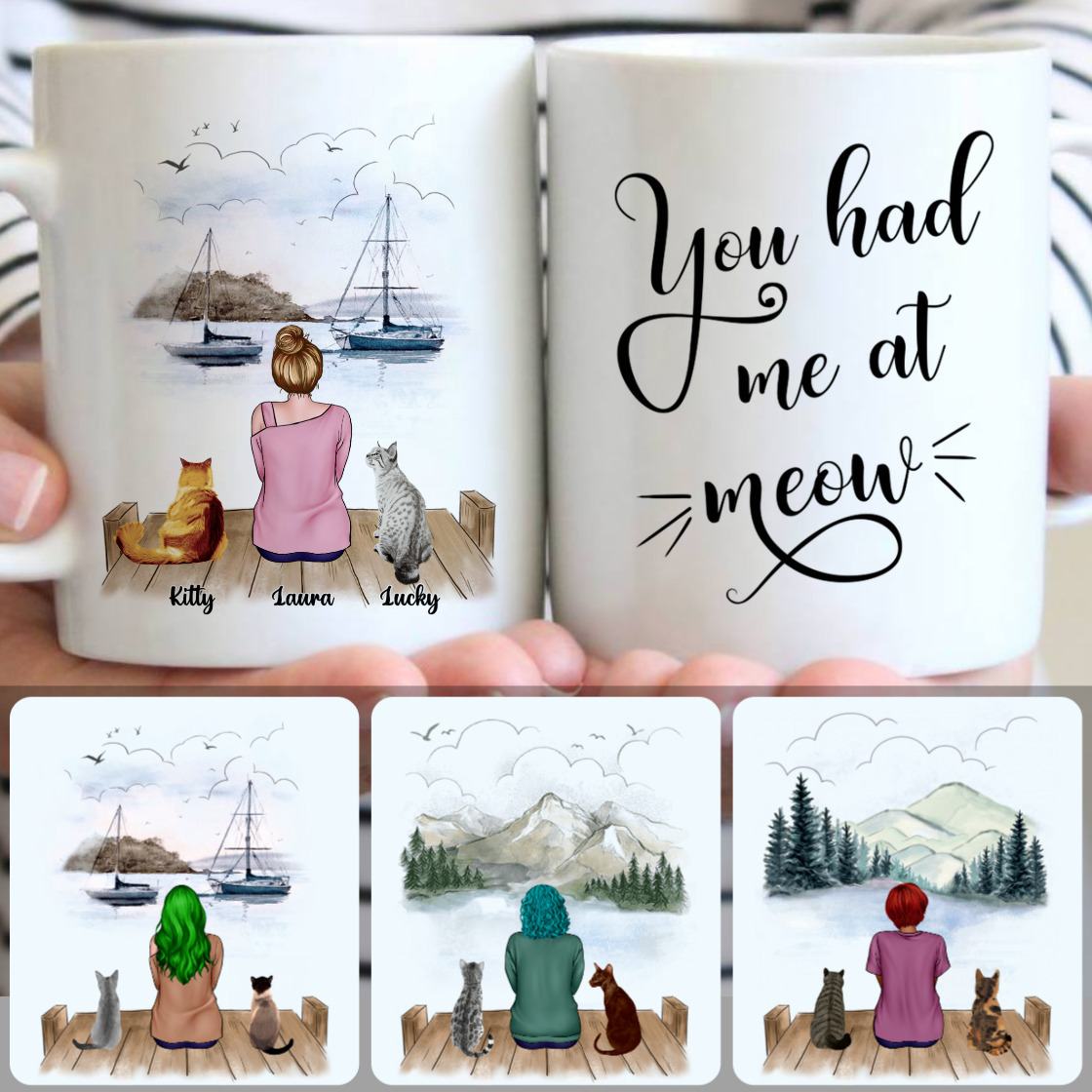 Personalized Mug, Best Gifts For Her Wife Girlfriend, Girl & 2 Cats Customized Coffee Mug With Names