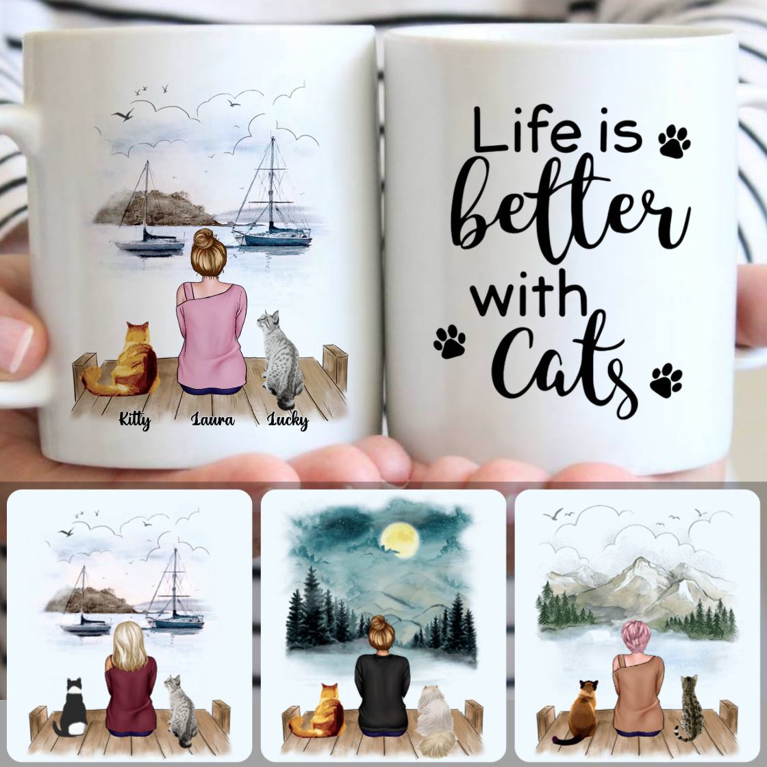 Personalized Mug, Surprise Gifts For Cat Owner Lovers, Girl & 2 Cats Customized Coffee Mug With Names