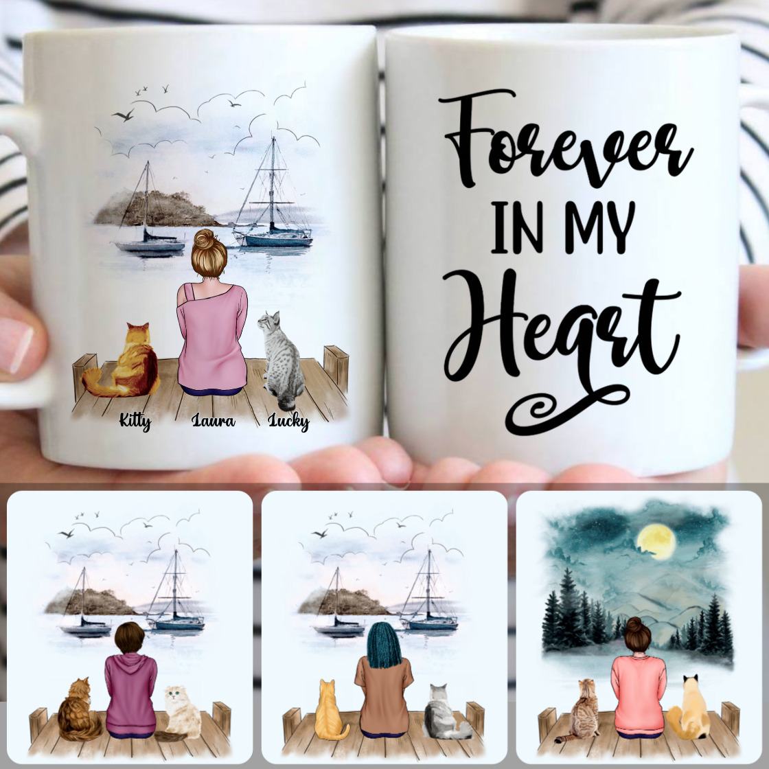 Personalized Mug, Memorial Gifts For Sisters, Girl & 2 Cats Customized Coffee Mug With Names