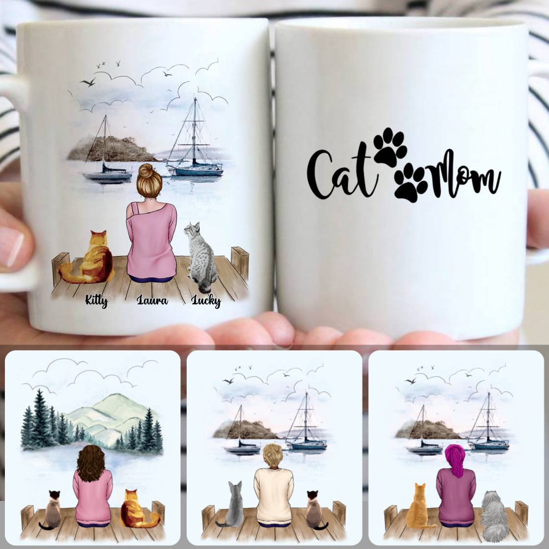 Personalized Mug, Memorial Birthday Gifts, Girl & 2 Cats Customized Coffee Mug With Names