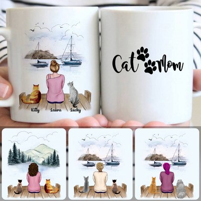 Girl & 2 Cats Customized Coffee Mug With Names, Personalized Mug, Memorial Birthday Gifts