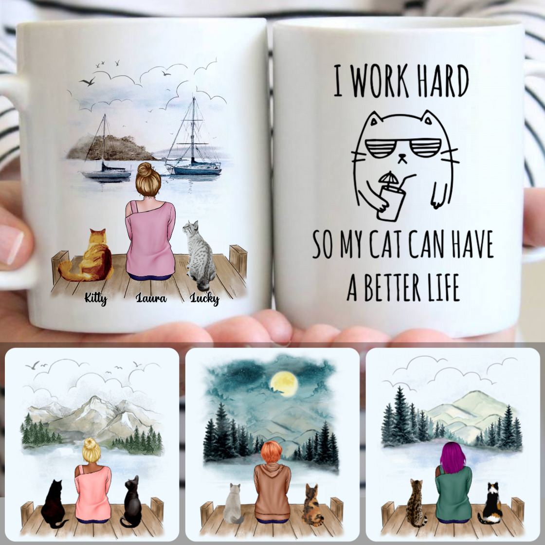 Personalized Mug, Best Gifts For Cat Mom, Girl & 2 Cats Customized Coffee Mug With Names