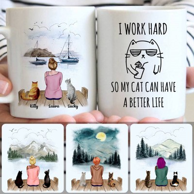 Girl & 2 Cats Customized Coffee Mug With Names, Personalized Mug, Best Gifts For Cat Mom