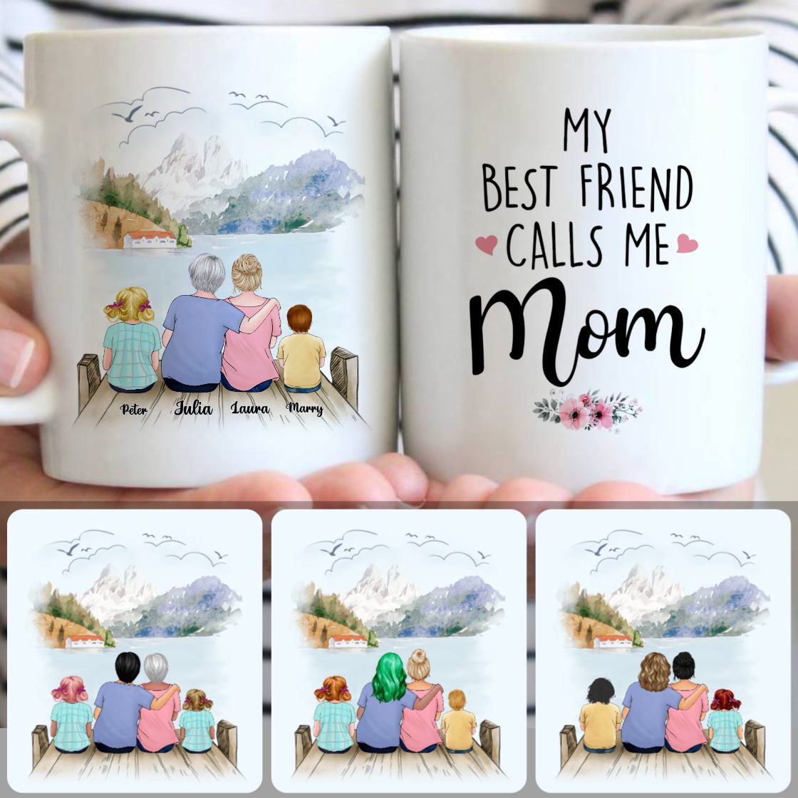 Personalized Mug, Special Thanksgiving Gifts, Grandma, Mom & 2 Kids Customized Coffee Mug With Names