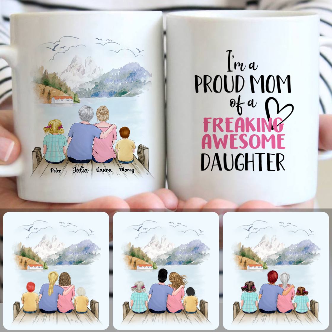 Personalized Mug, Unique Birthday Gifts, Grandma, Mom & 2 Kids Customized Coffee Mug With Names