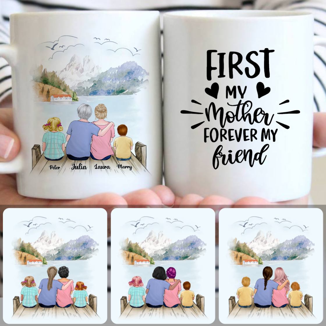 Personalized Mug, Memorial Gifts For Grandmother, Grandma, Mom & 2 Kids Customized Coffee Mug With Names