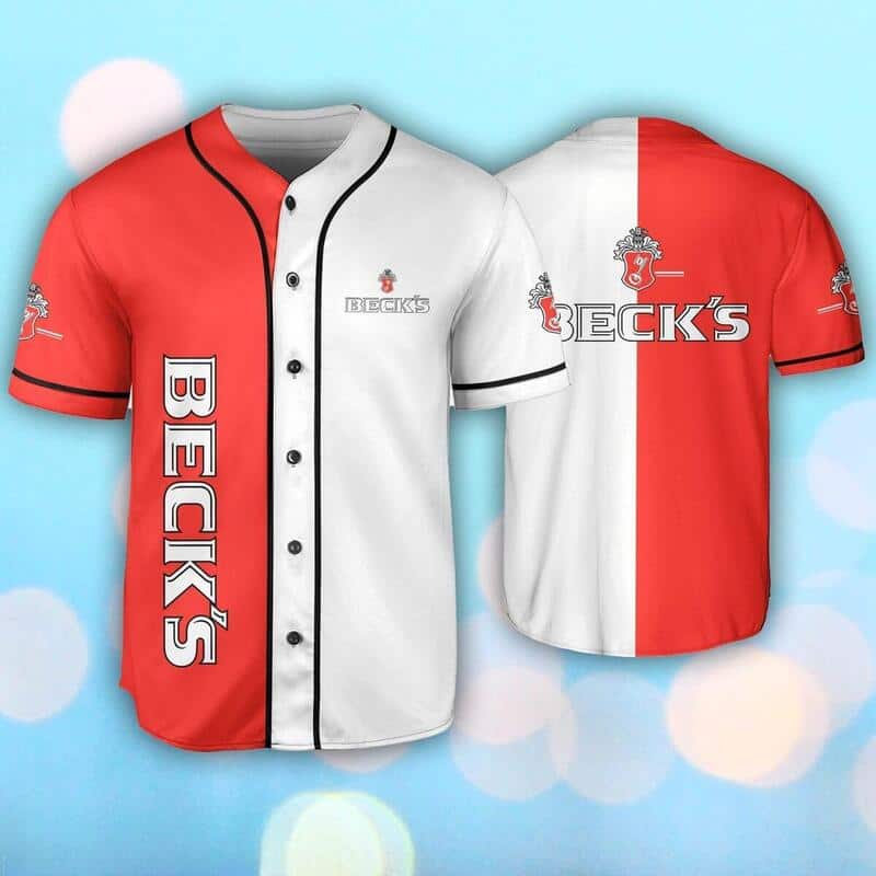 Red And White Split Beck’s Beer Baseball Jersey Red And White Split Beck’s Beer Baseball Jersey