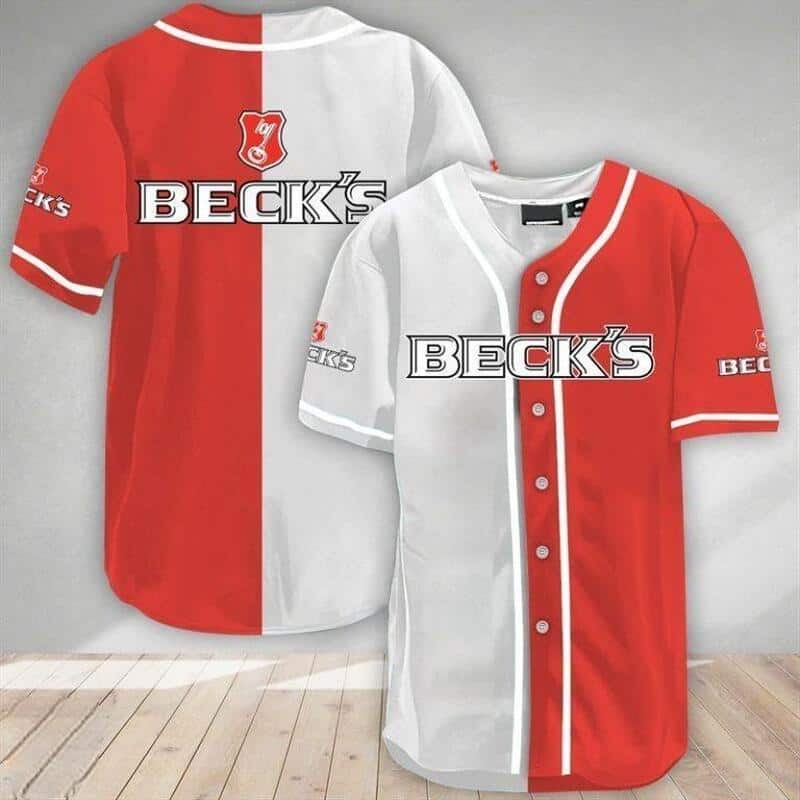 White And Red Split Beck’s Beer Baseball Jersey Gift For Sporty Boyfriend White And Red Split Beck’s Beer Baseball Jersey Gift For Sporty Boyfriend