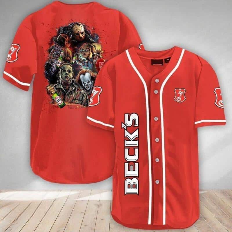Beck’s Beer Michael Myers IT Jason Voorhees Freddy Krueger Chucky Baseball Jersey Beck’s Beer Michael Myers IT Jason Voorhees Freddy Krueger Chucky Baseball Jersey